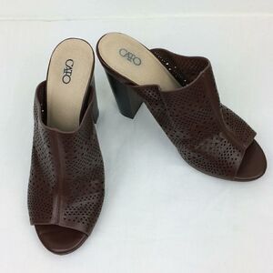 Cato Laser Cut Punch Design Brown Vegan Leather Slip on Heeled Mules